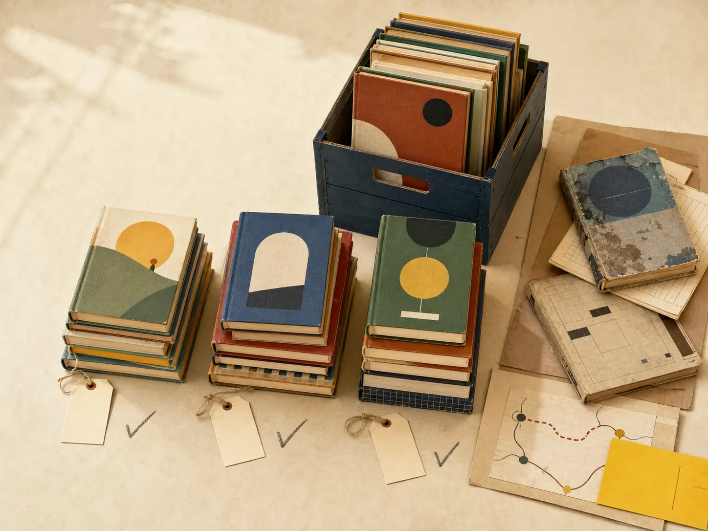Useful books sorted by purpose beside a donation crate, with damaged material kept separately