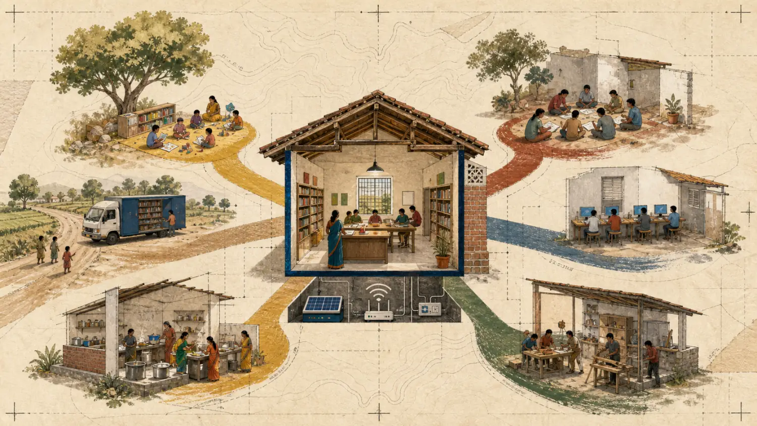A village library connected to early learning, study, computers, skills, a community kitchen and mobile learning