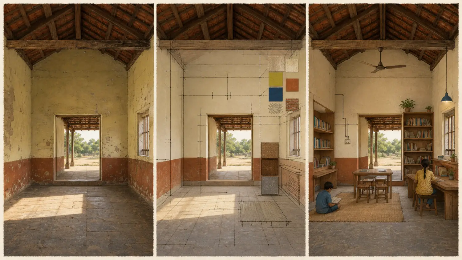 The same room in three stages: unused, planned and transformed into a community library