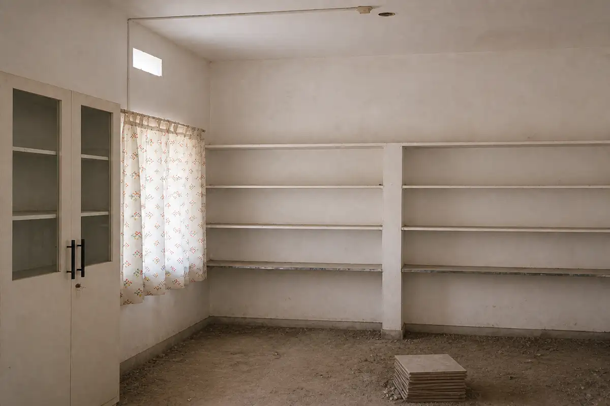 The Ajani room before renewal, with an unfinished floor, stored materials and bare shelves